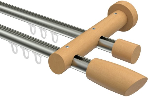 Innenlauf Gardinenstange Aluminium / Holz 20 mm Ø 2-läufig TALENT - Etta Edelstahl-Optik / Buche lackiert 200 cm
