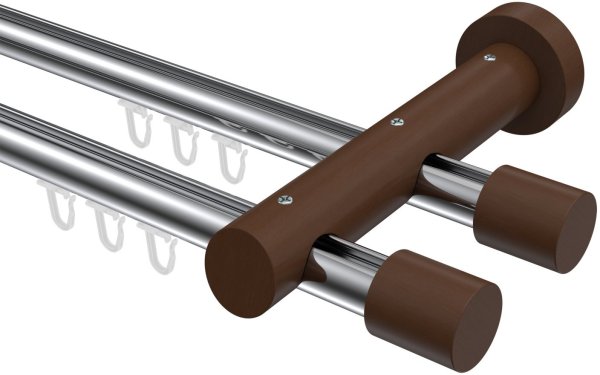 Innenlauf Gardinenstange Aluminium / Holz 20 mm Ø 2-läufig TALENT - Feta Chrom / Nussbaum lackiert 200 cm