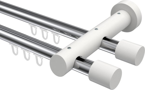 Innenlauf Gardinenstange Aluminium / Holz 20 mm Ø 2-läufig TALENT - Feta Chrom / Weiß lackiert 360 cm (2 x 180 cm)