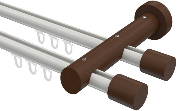 Innenlauf Gardinenstange Aluminium / Holz 20 mm Ø 2-läufig TALENT - Feta Weiß / Nussbaum lackiert 320 cm (2 x 160 cm)