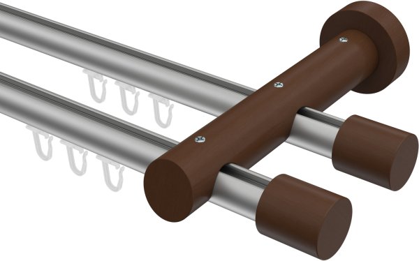 Innenlauf Gardinenstange Aluminium / Holz 20 mm Ø 2-läufig TALENT - Feta Silbergrau / Nussbaum lackiert 360 cm (2 x 180 cm)