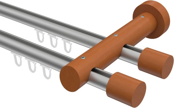 Innenlauf Gardinenstange Aluminium / Holz 20 mm Ø 2-läufig TALENT - Feta Silbergrau / Kirschbaum lackiert 320 cm (2 x 160 cm)