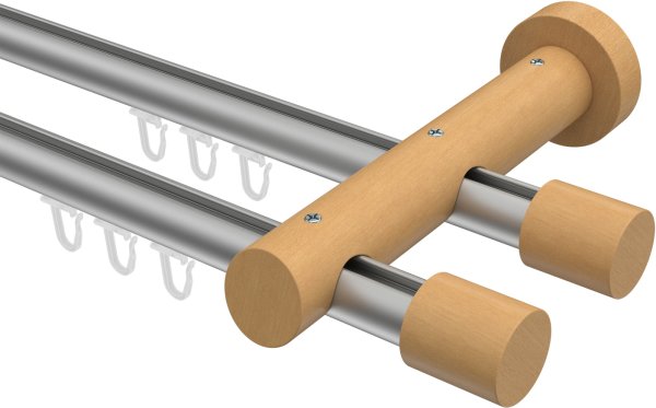 Innenlauf Gardinenstange Aluminium / Holz 20 mm Ø 2-läufig TALENT - Feta Silbergrau / Buche lackiert 240 cm