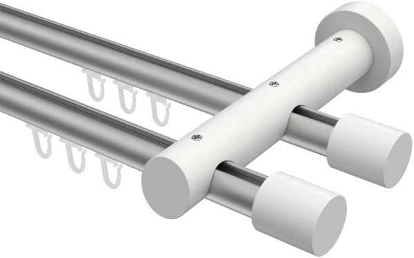 Innenlauf Gardinenstange Aluminium / Holz 20 mm Ø 2-läufig TALENT - Feta Silbergrau / Weiß lackiert 120 cm