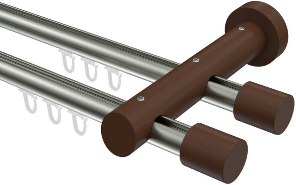 Innenlauf Gardinenstange Aluminium / Holz 20 mm Ø 2-läufig TALENT - Feta Edelstahl-Optik / Nussbaum lackiert 480 cm (2 x 240 cm)