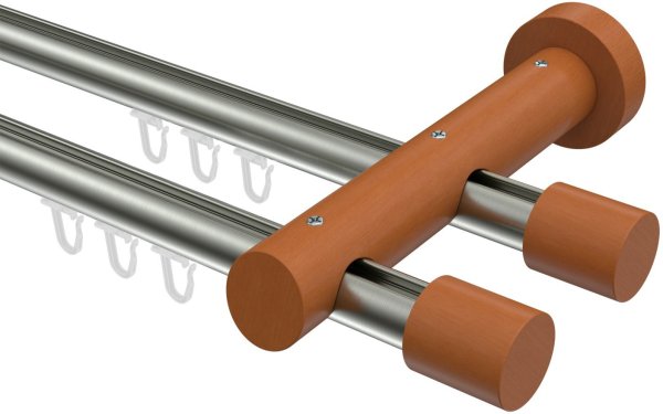 Innenlauf Gardinenstange Aluminium / Holz 20 mm Ø 2-läufig TALENT - Feta Edelstahl-Optik / Kirschbaum lackiert 400 cm (2 x 200 cm)