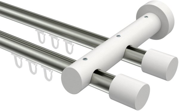 Innenlauf Gardinenstange Aluminium / Holz 20 mm Ø 2-läufig TALENT - Feta Edelstahl-Optik / Weiß lackiert 440 cm (2 x 220 cm)