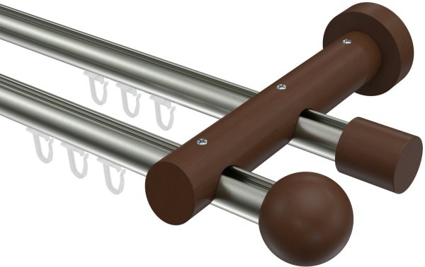 Innenlauf Gardinenstange Aluminium / Holz 20 mm Ø 2-läufig TALENT - Luina Edelstahl-Optik / Nussbaum lackiert 600 cm (3 x 200 cm)