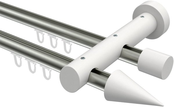 Innenlauf Gardinenstange Aluminium / Holz 20 mm Ø 2-läufig TALENT - Siveo Edelstahl-Optik / Weiß lackiert 100 cm