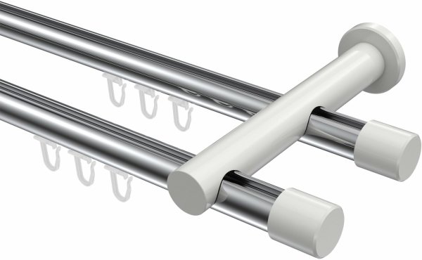 Innenlauf Gardinenstange Aluminium / Metall 20 mm Ø 2-läufig PLATON - Santo Chrom / Weiß 480 cm (2 x 240 cm)