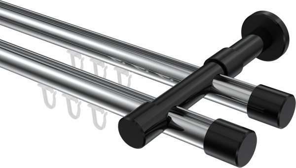 Innenlauf Gardinenstange Aluminium / Metall 20 mm Ø 2-läufig PRESTIGE - Santo Chrom / Schwarz 360 cm (2 x 180 cm)
