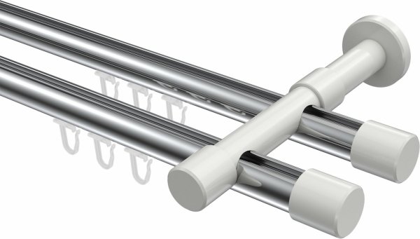Innenlauf Gardinenstange Aluminium / Metall 20 mm Ø 2-läufig PRESTIGE - Santo Chrom / Weiß 320 cm (2 x 160 cm)