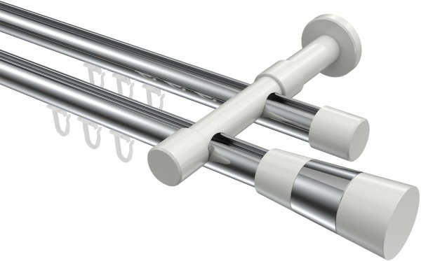 Innenlauf Gardinenstange Aluminium / Metall 20 mm Ø 2-läufig PRESTIGE - Tanara Chrom / Weiß 320 cm (2 x 160 cm)