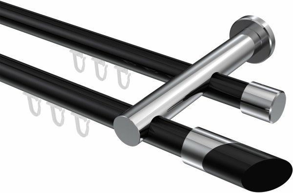 Innenlauf Gardinenstange Aluminium / Metall 20 mm Ø 2-läufig PLATON - Verano Schwarz / Chrom 540 cm (3 x 180 cm)