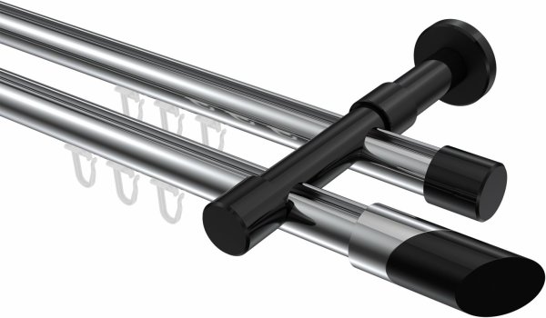 Innenlauf Gardinenstange Aluminium / Metall 20 mm Ø 2-läufig PRESTIGE - Verano Chrom / Schwarz 320 cm (2 x 160 cm)