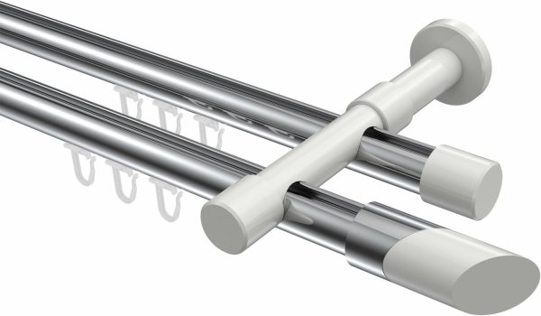 Innenlauf Gardinenstange Aluminium / Metall 20 mm Ø 2-läufig PRESTIGE - Verano Chrom / Weiß 480 cm (2 x 240 cm)
