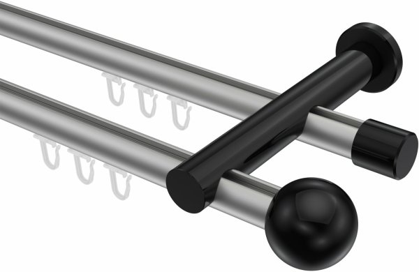 Innenlauf Gardinenstange Aluminium / Metall 20 mm Ø 2-läufig PLATON - Luino Silbergrau / Schwarz 100 cm