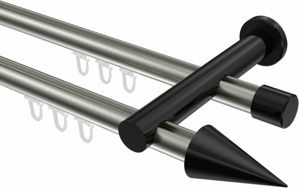 Innenlauf Gardinenstange Aluminium / Metall 20 mm Ø 2-läufig PLATON - Savio Edelstahl-Optik / Schwarz 100 cm