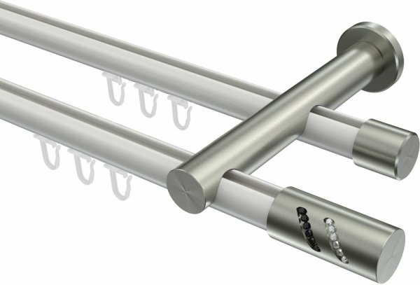 Innenlauf Gardinenstange Aluminium / Metall 20 mm Ø 2-läufig PLATON - Zoena Weiß / Edelstahl-Optik 200 cm