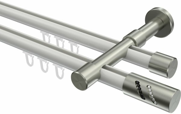 Innenlauf Gardinenstange Aluminium / Metall 20 mm Ø 2-läufig PRESTIGE - Zoena Weiß / Edelstahl-Optik 100 cm