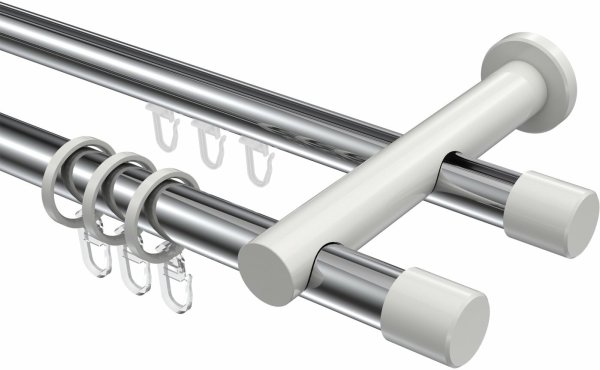 Rundrohr-Innenlauf Gardinenstange Aluminium / Metall 20 mm Ø 2-läufig PLATON - Santo Chrom / Weiß 600 cm (3 x 200 cm)
