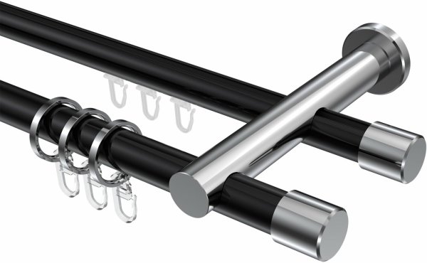 Rundrohr-Innenlauf Gardinenstange Aluminium / Metall 20 mm Ø 2-läufig PLATON - Santo Schwarz / Chrom 600 cm (3 x 200 cm)
