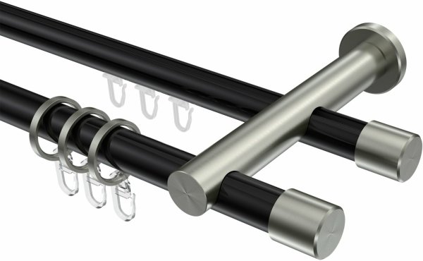 Rundrohr-Innenlauf Gardinenstange Aluminium / Metall 20 mm Ø 2-läufig PLATON - Santo Schwarz / Edelstahl-Optik 600 cm (3 x 200 cm)