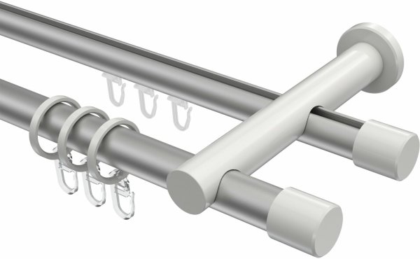 Rundrohr-Innenlauf Gardinenstange Aluminium / Metall 20 mm Ø 2-läufig PLATON - Santo Silbergrau / Weiß 140 cm