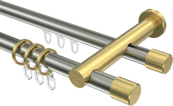 Rundrohr-Innenlauf Gardinenstange Edelstahl-Optik / Messing-Optik 20 mm Ø 2-läufig PLATON - Santo 100 cm