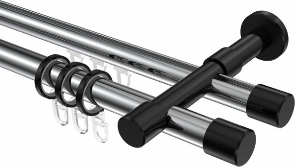 Rundrohr-Innenlauf Gardinenstange Aluminium / Metall 20 mm Ø 2-läufig PRESTIGE - Santo Chrom / Schwarz 600 cm (3 x 200 cm)