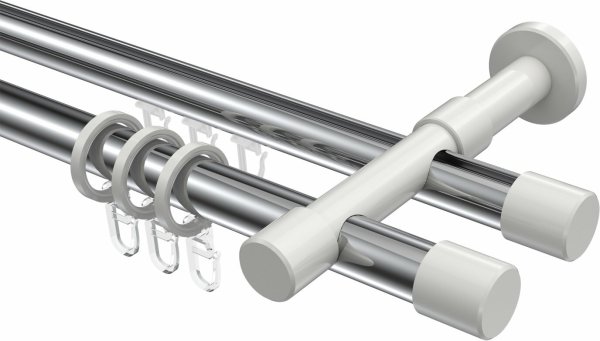 Rundrohr-Innenlauf Gardinenstange Aluminium / Metall 20 mm Ø 2-läufig PRESTIGE - Santo Chrom / Weiß 180 cm