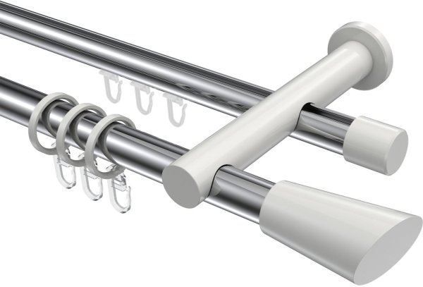 Rundrohr-Innenlauf Gardinenstange Aluminium / Metall 20 mm Ø 2-läufig PLATON - Bento Chrom / Weiß 400 cm (2 x 200 cm)