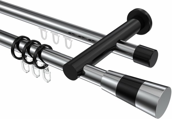Rundrohr-Innenlauf Gardinenstange Aluminium / Metall 20 mm Ø 2-läufig PLATON - Tanara Chrom / Schwarz 100 cm