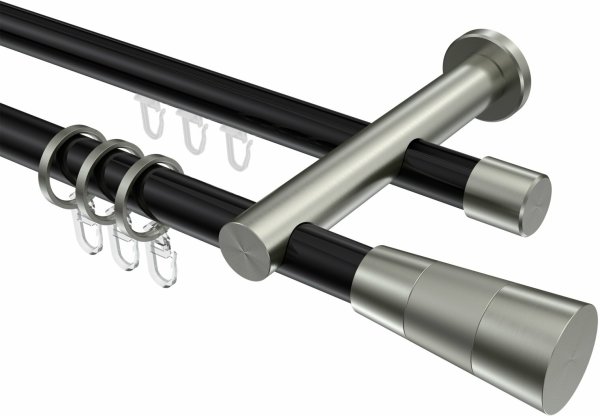 Rundrohr-Innenlauf Gardinenstange Aluminium / Metall 20 mm Ø 2-läufig PLATON - Tanara Schwarz / Edelstahl-Optik 140 cm