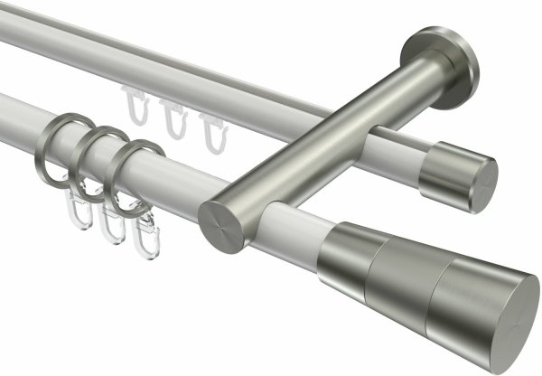 Rundrohr-Innenlauf Gardinenstange Aluminium / Metall 20 mm Ø 2-läufig PLATON - Tanara Weiß / Edelstahl-Optik 440 cm (2 x 220 cm)