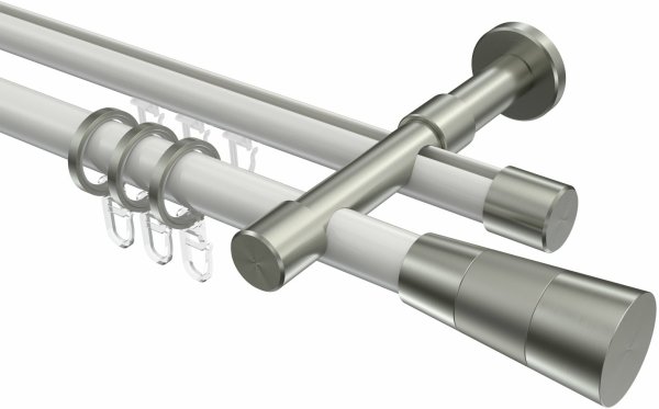Rundrohr-Innenlauf Gardinenstange Aluminium / Metall 20 mm Ø 2-läufig PRESTIGE - Tanara Weiß / Edelstahl-Optik 220 cm