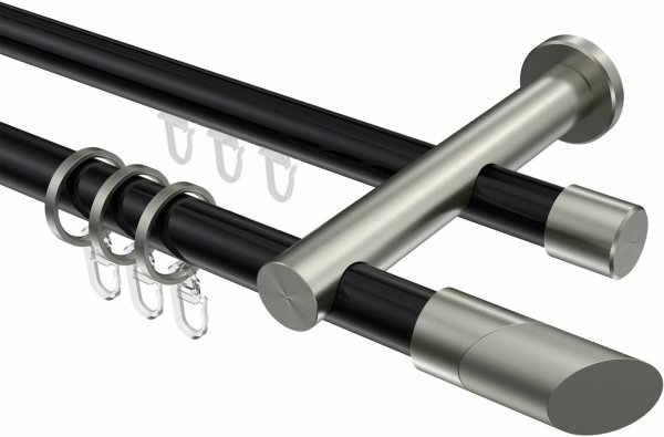 Rundrohr-Innenlauf Gardinenstange Aluminium / Metall 20 mm Ø 2-läufig PLATON - Verano Schwarz / Edelstahl-Optik 220 cm