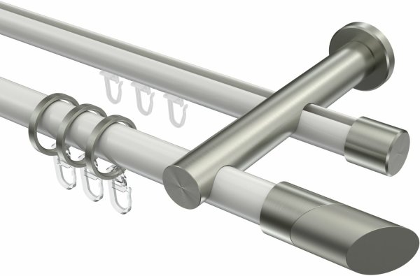 Rundrohr-Innenlauf Gardinenstange Aluminium / Metall 20 mm Ø 2-läufig PLATON - Verano Weiß / Edelstahl-Optik 140 cm