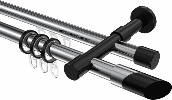 Rundrohr-Innenlauf Gardinenstange Aluminium / Metall 20 mm Ø 2-läufig PRESTIGE - Verano Chrom / Schwarz 240 cm