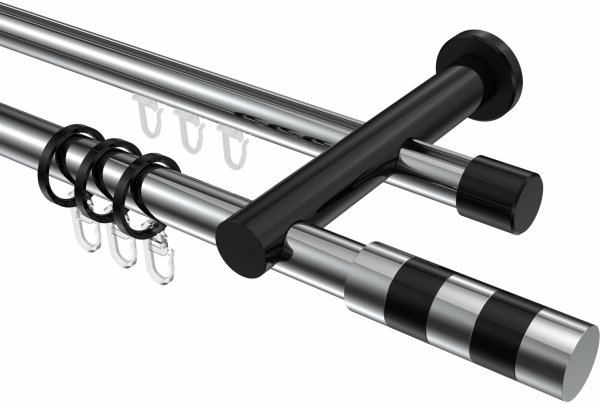 Rundrohr-Innenlauf Gardinenstange Aluminium / Metall 20 mm Ø 2-läufig PLATON - Mavell Chrom / Schwarz 320 cm (2 x 160 cm)