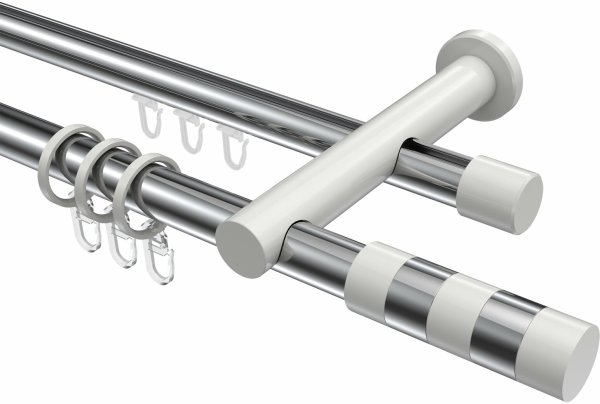 Rundrohr-Innenlauf Gardinenstange Aluminium / Metall 20 mm Ø 2-läufig PLATON - Mavell Chrom / Weiß 220 cm