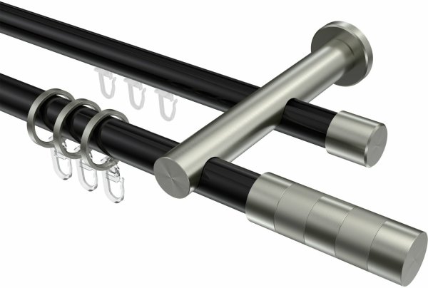 Rundrohr-Innenlauf Gardinenstange Aluminium / Metall 20 mm Ø 2-läufig PLATON - Mavell Schwarz / Edelstahl-Optik 120 cm