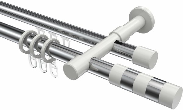 Rundrohr-Innenlauf Gardinenstange Aluminium / Metall 20 mm Ø 2-läufig PRESTIGE - Mavell Chrom / Weiß 140 cm