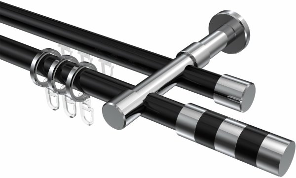 Rundrohr-Innenlauf Gardinenstange Aluminium / Metall 20 mm Ø 2-läufig PRESTIGE - Mavell Schwarz / Chrom 200 cm
