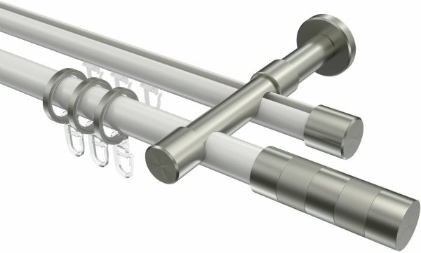 Rundrohr-Innenlauf Gardinenstange Aluminium / Metall 20 mm Ø 2-läufig PRESTIGE - Mavell Weiß / Edelstahl-Optik 440 cm (2 x 220 cm)