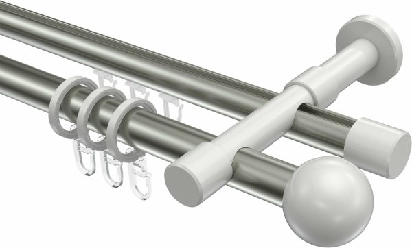Rundrohr-Innenlauf Gardinenstange Aluminium / Metall 20 mm Ø 2-läufig PRESTIGE - Luino Edelstahl-Optik / Weiß 100 cm