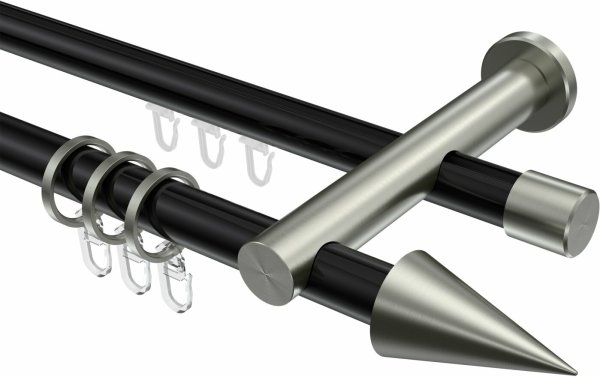 Rundrohr-Innenlauf Gardinenstange Aluminium / Metall 20 mm Ø 2-läufig PLATON - Savio Schwarz / Edelstahl-Optik 100 cm