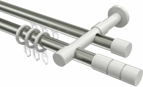 Rundrohr-Innenlauf Gardinenstange Aluminium / Metall 20 mm Ø 2-läufig PRESTIGE - Elanto Edelstahl-Optik / Weiß 100 cm