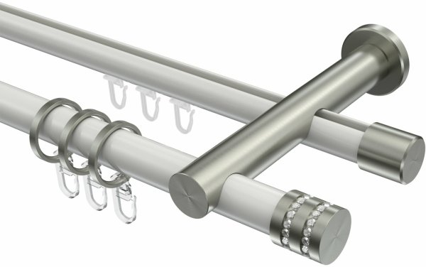 Rundrohr-Innenlauf Gardinenstange Aluminium / Metall 20 mm Ø 2-läufig PLATON - Estana Weiß / Edelstahl-Optik 100 cm