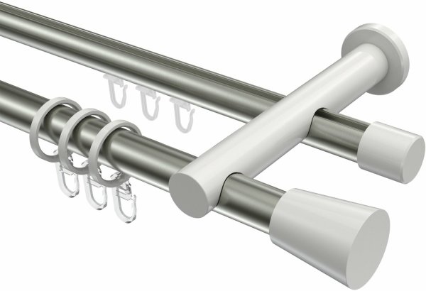 Rundrohr-Innenlauf Gardinenstange Aluminium / Metall 20 mm Ø 2-läufig PLATON - Sitra Edelstahl-Optik / Weiß 100 cm
